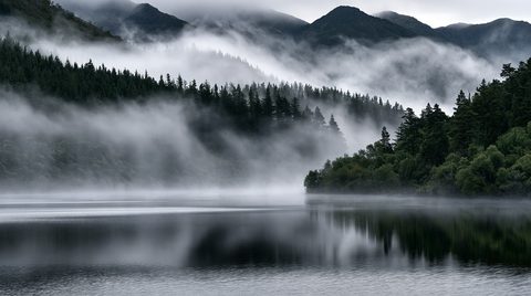 A dramatic landscape view of a calm New Zealand lake at dawn, featuring low-lying white fog rolling over dark green forested mountains and reflecting perfectly on the still water surface under a cloudy sky.