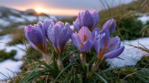 A beautiful close-up wide-angle photograph of purple wild crocus flowers covered in frost and blooming out of a snowy mountain meadow in Bosnia at sunrise.