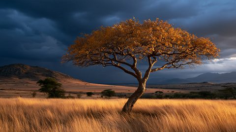 A horizontal landscape photograph showcasing a singular, leaning umbrella-shaped tree with leaves glowing vibrant orange-gold under selective sunlight, standing amidst a field of tall dry grass against a backdrop of dark, dramatic storm clouds and distant rolling hills.