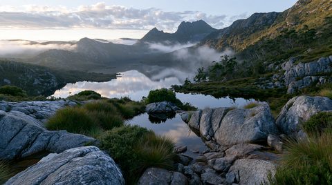 A breathtaking morning view of Cradle Mountain reflected perfectly in the calm, glassy waters of Dove Lake, with rocky foreground tarns and soft valley fog under a sunrise sky in Tasmania.