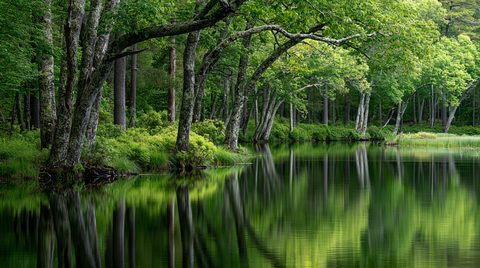 A vibrant, serene landscape photograph of a lush green forest with textured tree trunks leaning over a calm pond, creating a crisp, vibrant green mirror reflection on the still water surface in New England.