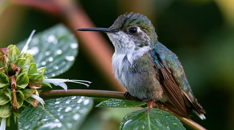 An ultra-sharp close-up photograph of an adult female bee hummingbird resting on a green plant stem after a rain. The tiny bird features a soft gray and white chest, an iridescent green and turquoise back, and a slender black bill pointing to the left. She is perched on a green leaf heavily beaded with clear, reflective water droplets, next to a blooming white and green flower cluster. The background is softly dissolved into a smooth bokeh of tropical greens and warm orange-brown tones.