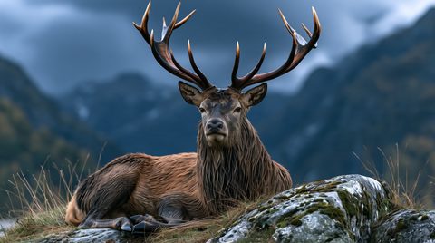 A front-facing portrait of a large red deer stag with a massive, dark set of branching antlers, resting on a grassy, moss-covered rocky slope with a soft, blurred mountain background.