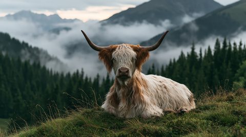 A shaggy Highland cow with long, upturned horns lies peacefully on a grassy alpine ridge, overlooking a sweeping evergreen valley heavily cloaked in dense, rolling mountain mist and clouds.