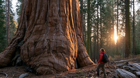 A person wearing a red puffer jacket and backpack stands on a forest floor covered in pine needles, looking up in awe at the colossal, deeply grooved, sun-drenched orange trunk of a giant sequoia tree as the bright sun breaks through the surrounding evergreen forest in the background.