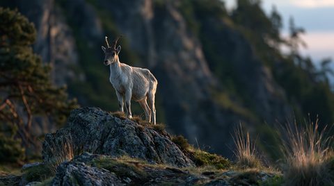 A majestic, golden-hour photograph of an alpine ibex standing proudly on a craggy, mossy rock outcrop in a mountain landscape at sunset, with a blurred cliff background.