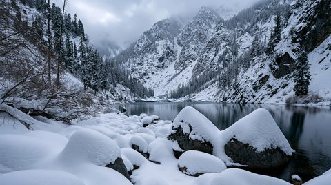 Smooth, heavy mounds of fresh snow cover large boulders along the edge of a calm, dark alpine lake, which reflects steep, snow-dusted mountain slopes and evergreen forests cloaked in low winter clouds.