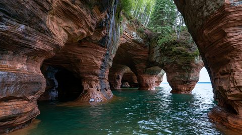 A low-angle shot from inside a network of red sandstone sea caves and massive rock arches rising out of clear teal lake water under an overcast sky.
