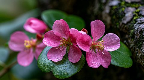 A precise macro shot of deep magenta-pink flowering crabapple blossoms with fine dew droplets on their petals, nestled beside thick green leaves against a dark, textured tree bark background.