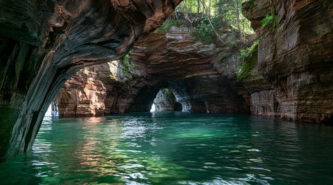 A low-angle shot from deep within a dark sandstone sea cave network, looking out through layered rock arches over calm, glowing teal lake water toward distant sunlit openings.