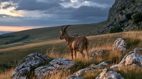 A breathtaking, golden-hour photograph of a horned alpine ibex standing majestically on a rocky, grassy ridge overlooking a vast mountain valley in Bosnia at dusk.