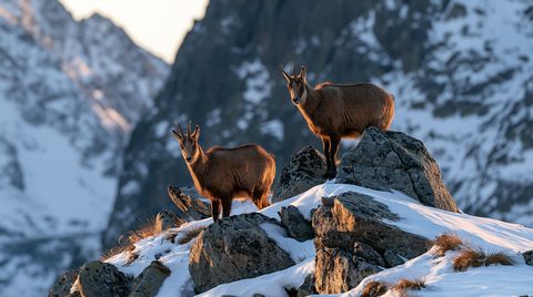 Two Tatra chamois stand on a rocky, snow-covered mountain crag during a golden hour sunset, with massive, shadowed peaks filling the background.