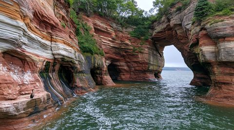 A water-level view of Lover's Leap Arch at Pictured Rocks National Lakeshore under an overcast sky, showing colorful iron-stained red sandstone cliffs and sea caves with a lone cormorant bird perched on a lower rock shelf to the left.