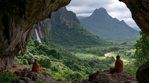 A majestic view from inside a dark limestone cave looking out at two Buddhist monks in orange robes meditating on rocks, overlooking a vast green valley with mountains and a waterfall under a cloudy sky in Thailand.